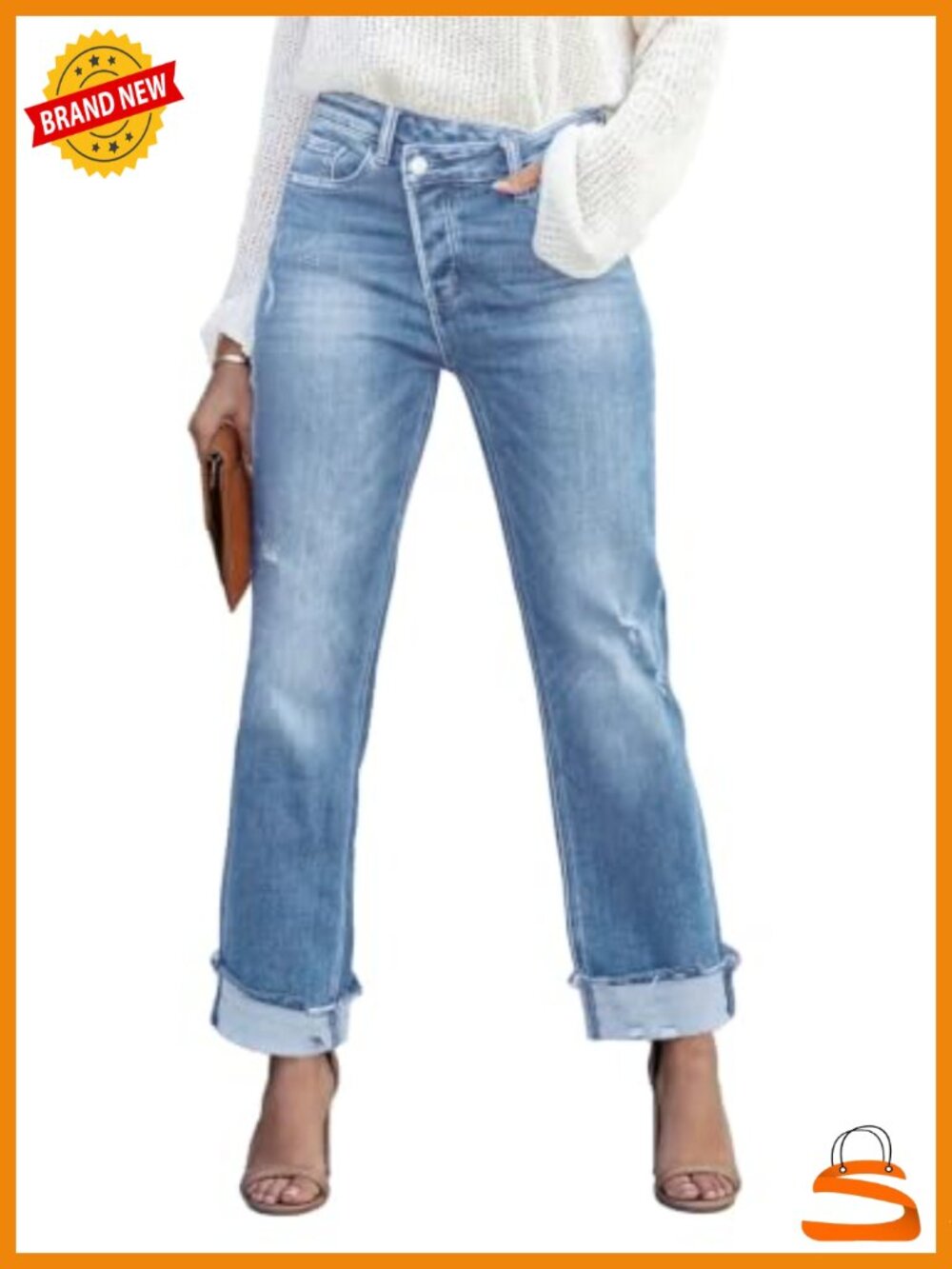 High Waisted Straight Leg Boyfriend Jeans Distressed Cuffed Ankle Denim Pants